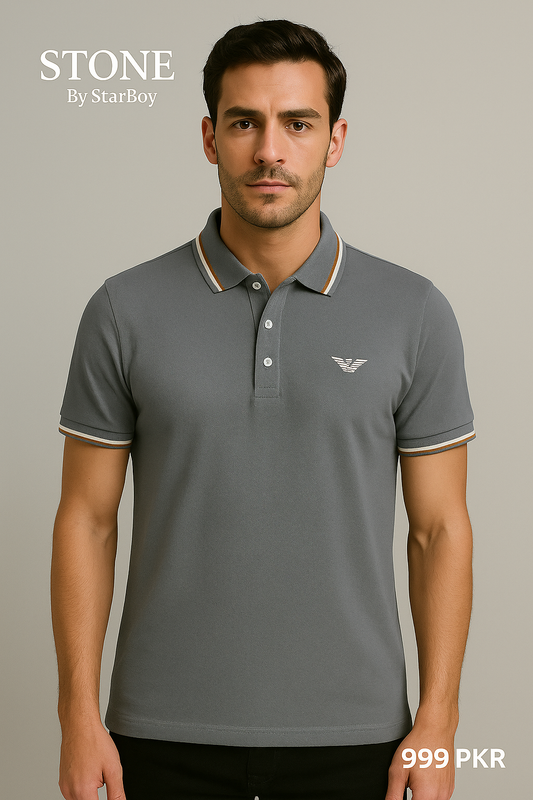 Collared Polo shirt featuring front button fastening with short sleeves and ribbed trims.